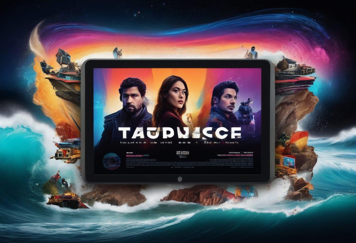A dynamic and futuristic digital collage showcasing a vibrant streaming platform interface, featuring diverse genres of cinema like action, romance, and documentaries. Include iconic movie posters blending with a glowing play button, symbolizing Katmovies' influence. Surround the scene with artistic waves of sound and light, representing the streaming trend. super-realistic. vibrant colors. 3D.