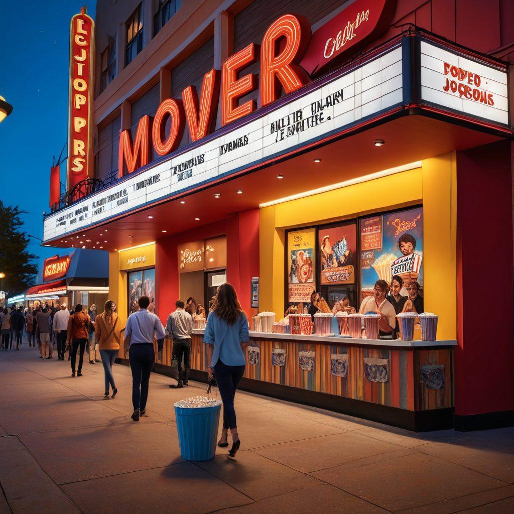 A sleek, modern cinema marquee displaying dynamic film titles, surrounded by excited moviegoers holding popcorn and drinks. In the background, a film reel highlights upcoming movie posters and colorful spotlights. The scene conveys a sense of anticipation and excitement for movie lovers. super-realistic. vibrant colors. cinematic lighting.