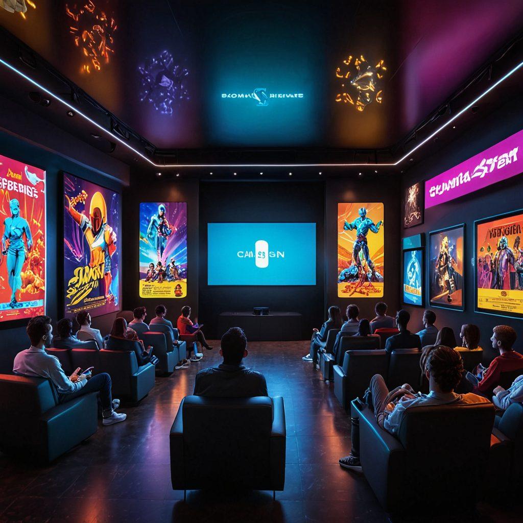 A futuristic cinema hall with large, glowing screens displaying various movie posters. In the foreground, a diverse group of film enthusiasts eagerly discussing their favorite streaming trends while sipping popcorn. The ambiance is sleek, with neon lights and high-tech gadgets illuminating the space. Capture a sense of excitement and innovation in the air. super-realistic. vibrant colors. digital art.